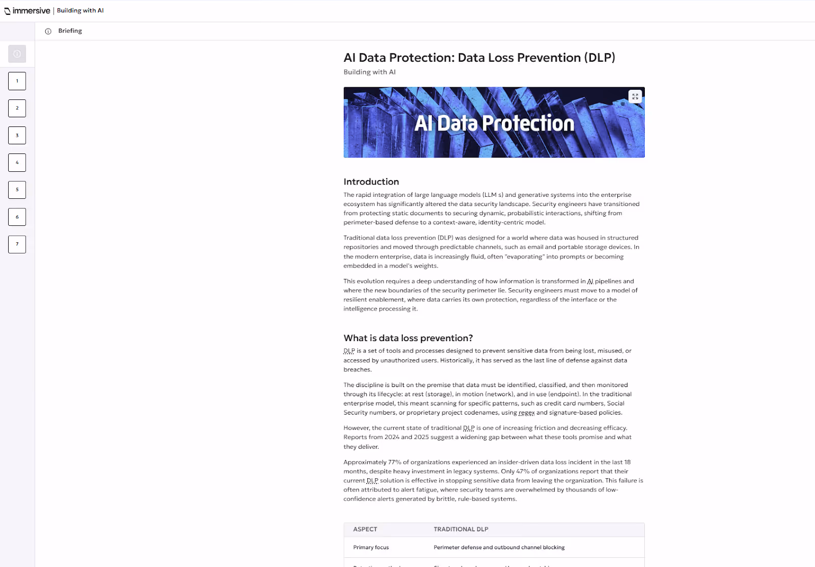 Webpage titled AI Data Protection: Data Loss Prevention with introduction and DLP explanation text.