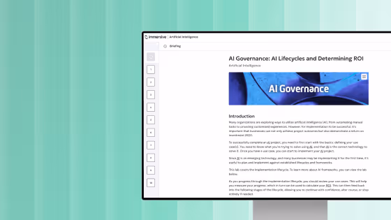 Computer screen showing AI Governance onboarding text and image with a green striped background.