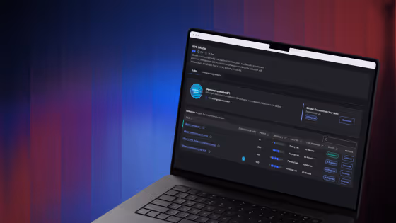 Laptop displaying a dark-themed interface with data tables and options against a blue-red gradient background.