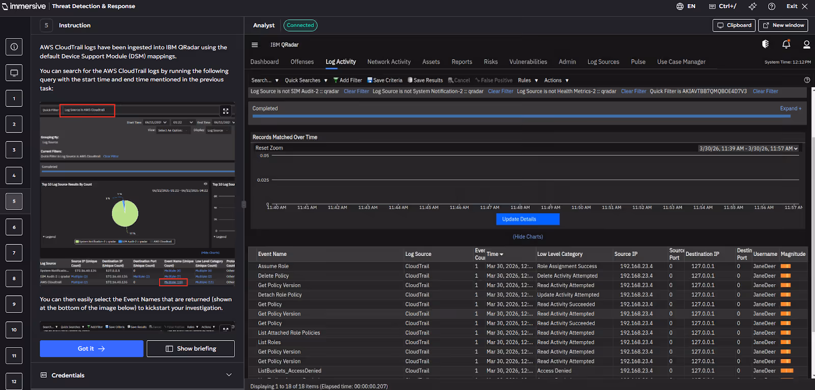 IBM QRadar interface showing AWS CloudTrail logs filtered by event names and user JaneDeer activity details.