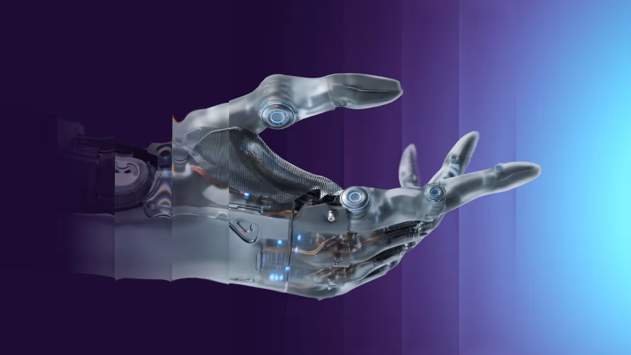 Futuristic robotic hand with translucent fingers reaching toward a bright blue light on purple background.