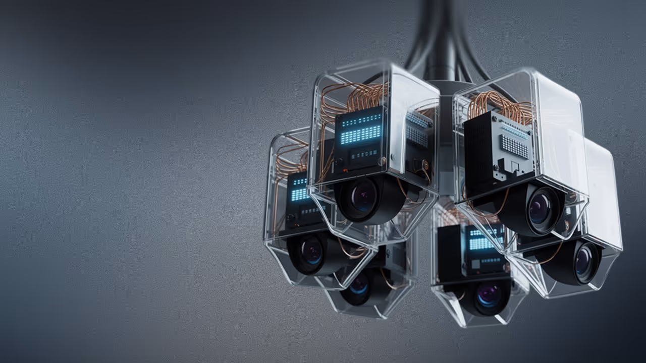 Cluster of five transparent surveillance cameras with visible circuits against gray background.