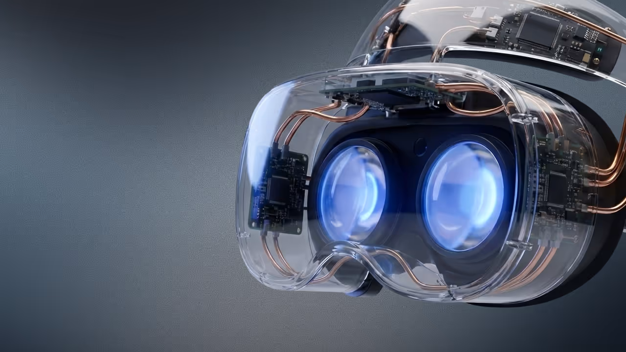 Close-up view of a transparent VR headset showing internal lenses, circuits, and copper wiring.