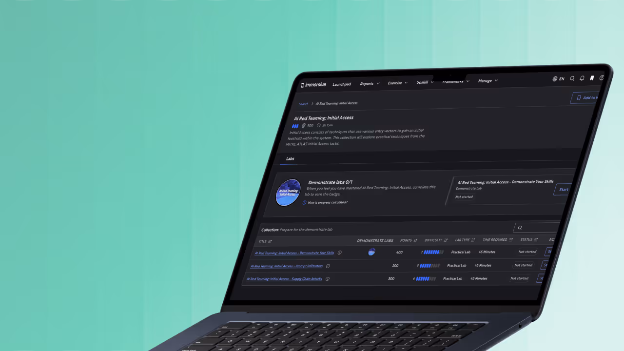 Laptop screen showing AI Red Teaming Initial Access training labs with progress, points, difficulty, and status.