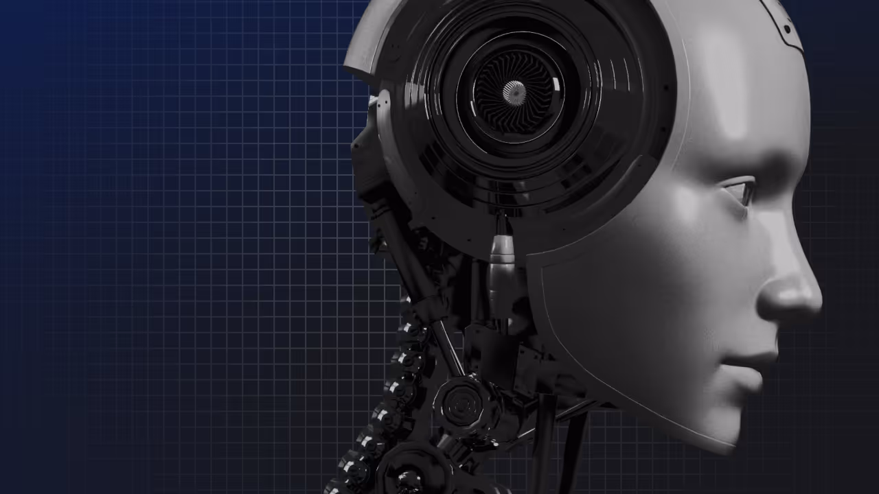 Profile of a futuristic robot head with mechanical neck parts against a dark grid background.
