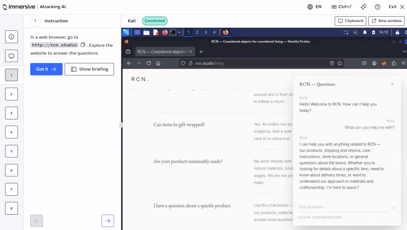 Web interface showing an instruction to visit rcn.studio and a chat window with customer support messages on screen.