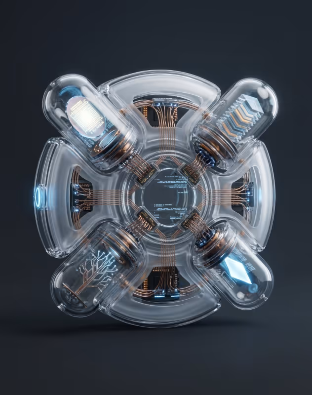 Top view of transparent AI device with four tech modules connected to a central core on dark background.