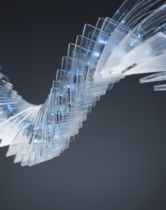 Curved sequence of transparent digital screens with blue circuit-like patterns against a dark background.