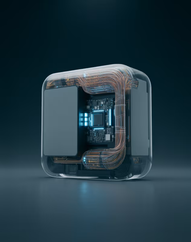 Transparent cube showing a circuit board with glowing blue lights and winding copper wires inside.