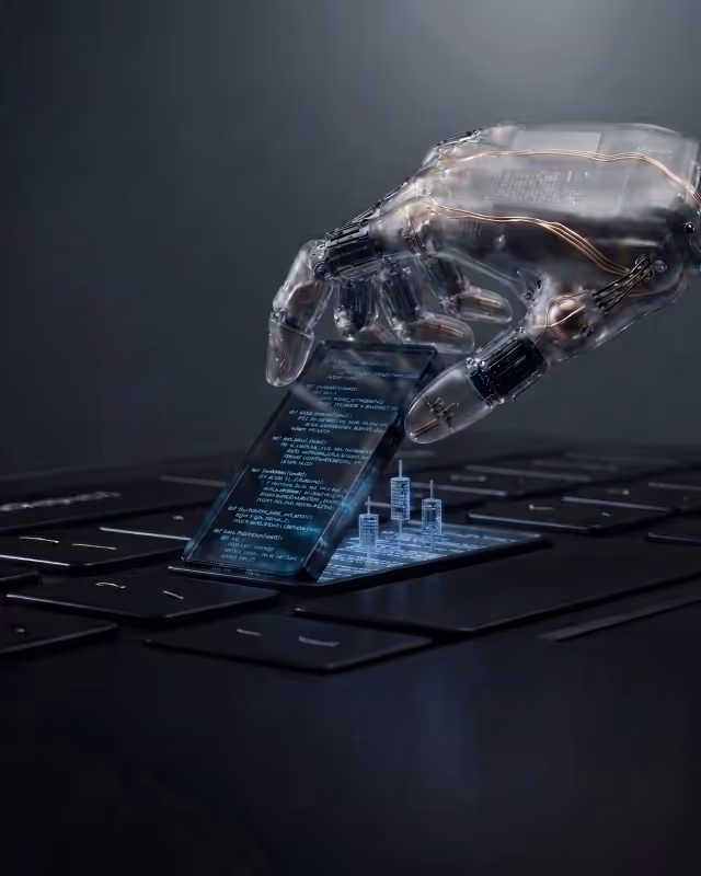 Transparent robotic hand placing a digital screen with code and graphs on a laptop keyboard.