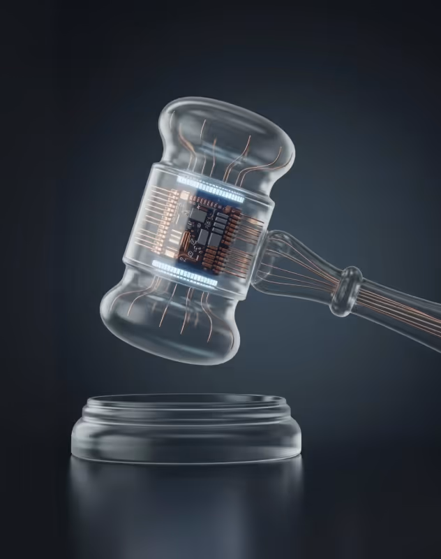 Transparent gavel with visible circuitry inside hovering above matching base on dark background.