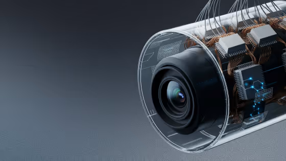 Transparent cylindrical camera showing internal circuitry and lens on a dark background.