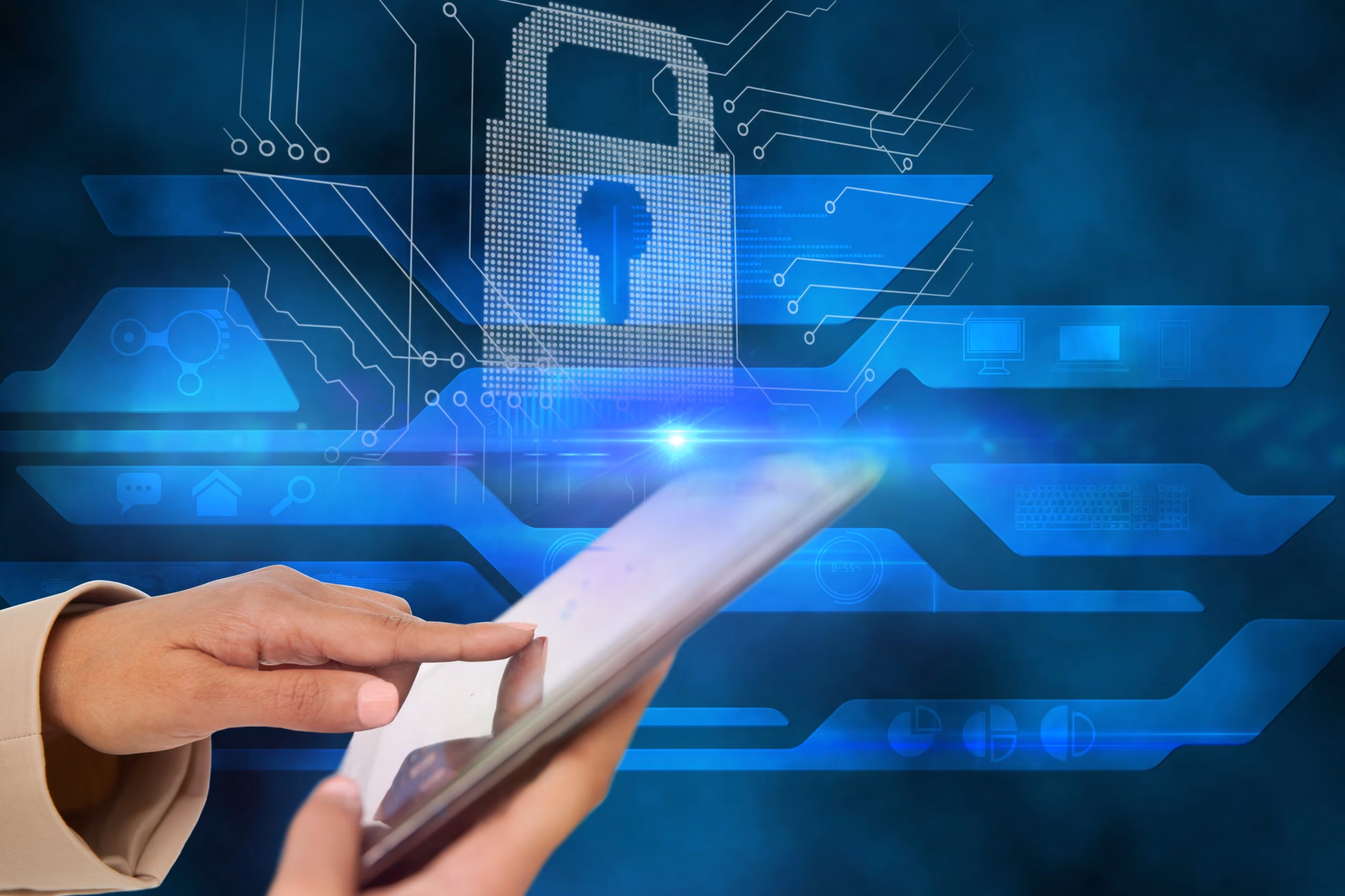 Person using a tablet with a digital lock and security icons overlay on a blue tech background.