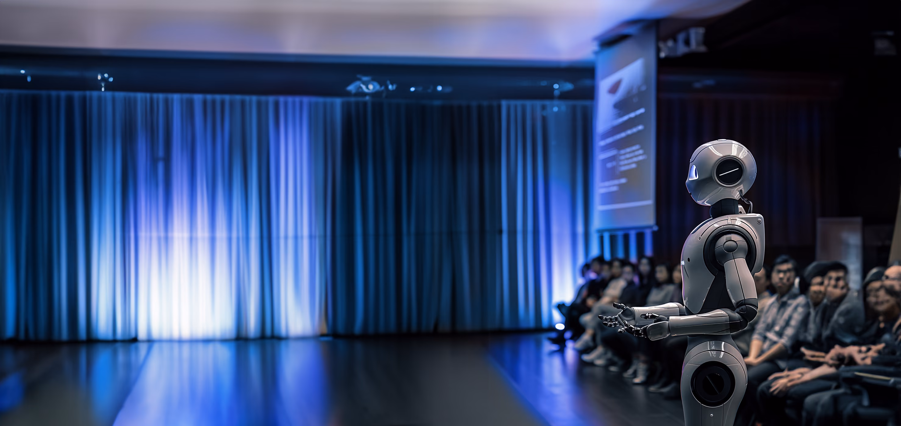 Humanoid robot giving a presentation to an audience in a dimly lit conference room.
