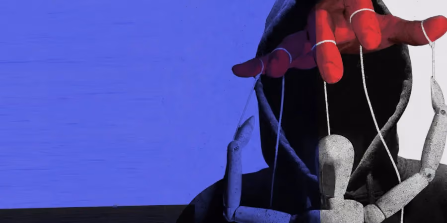 Red hand strings control gray wooden puppet, representing manipulation, against blue background.