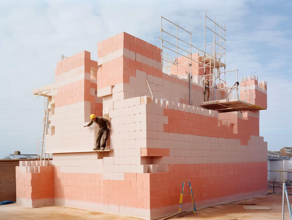 Construction workers building a castle-like structure with pink bricks and scaffolding outdoors.