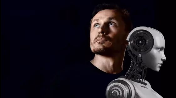 Man looking upward with a humanoid robot beside him against a black background.