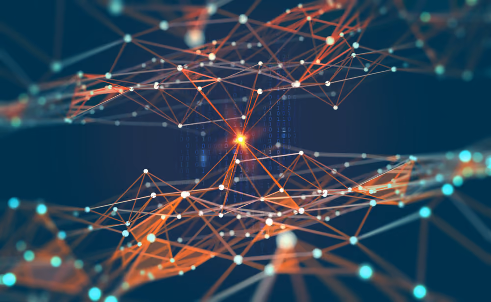 Abstract network of interconnected nodes with glowing central node and digital binary code backdrop.