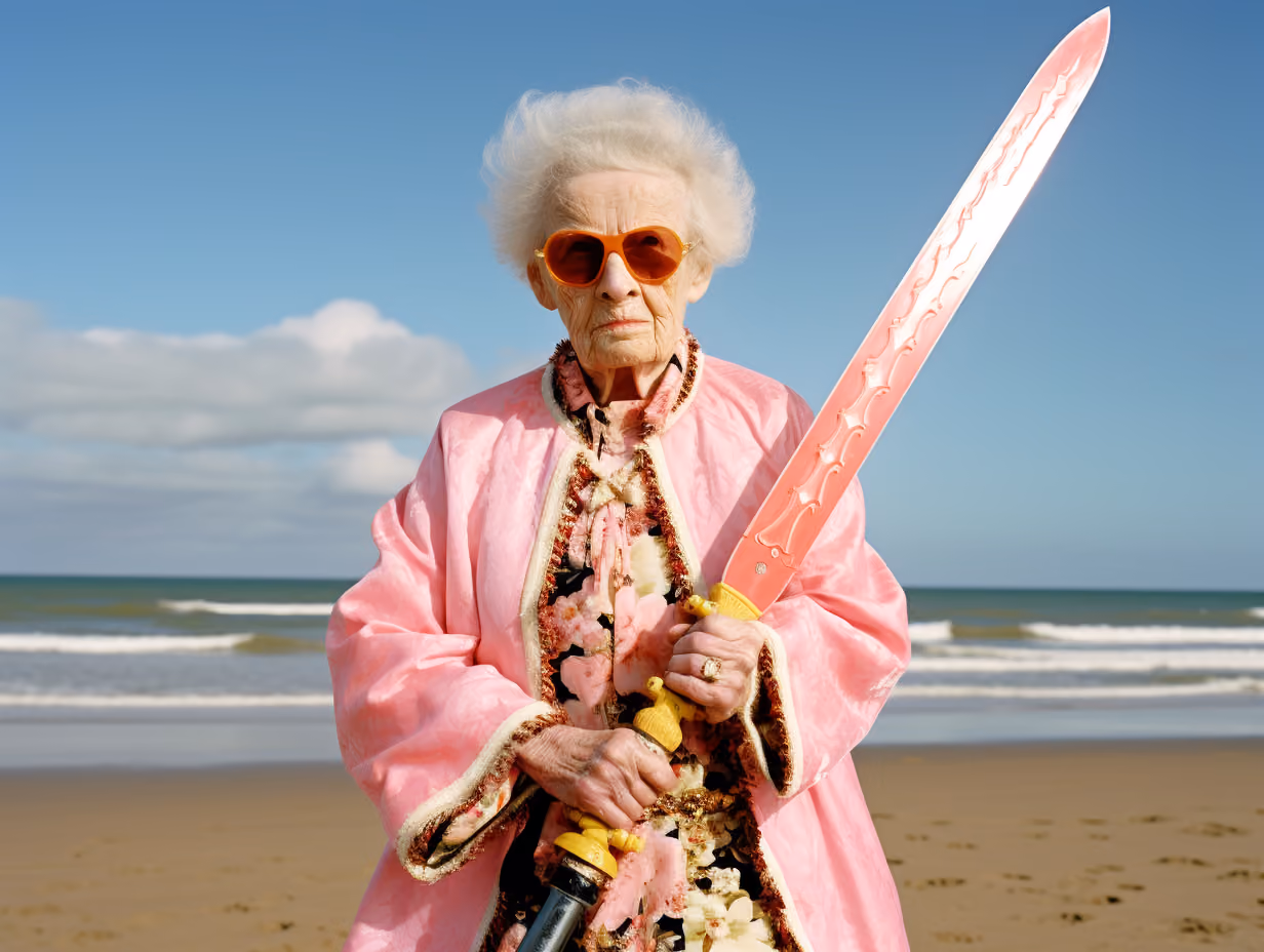 Elderly woman wearing pink robe and sunglasses holding a large decorative sword on a beach.