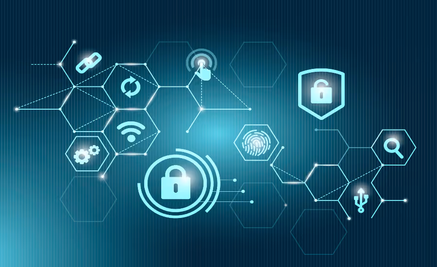 Digital padlock and cybersecurity icons connected by hexagonal network on a blue tech background.