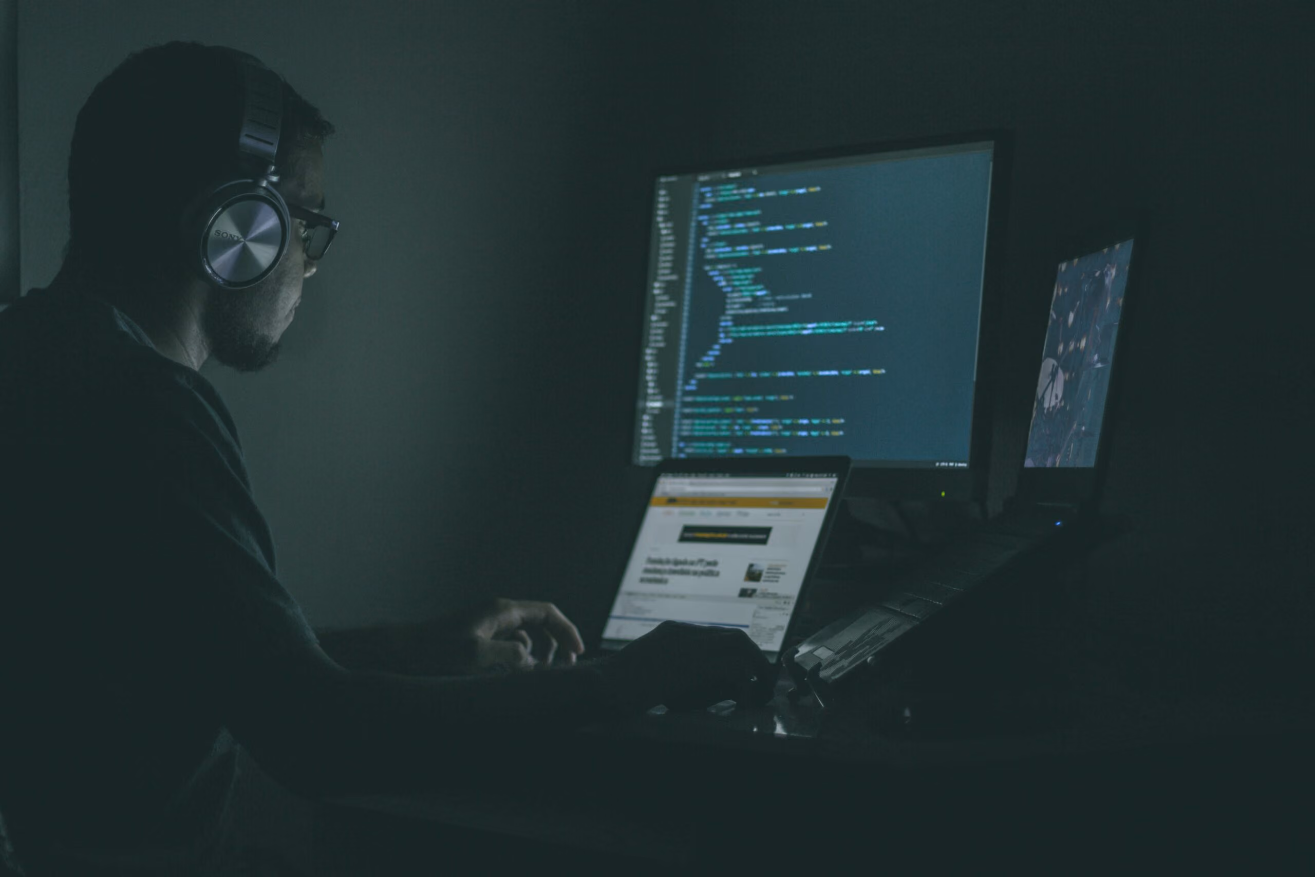 Man wearing headphones working on multiple screens with code and web content in a dark room.