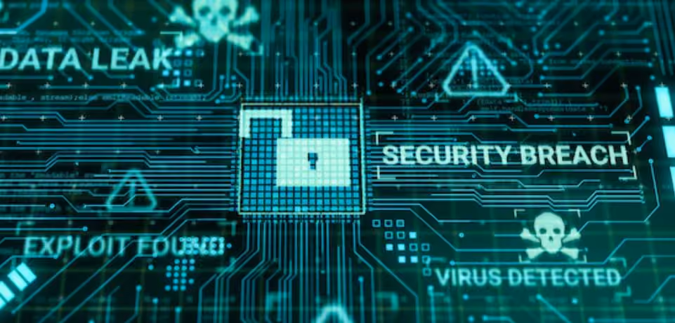 Digital lock icon with warning symbols and texts like security breach, data leak, virus detected on circuit background.