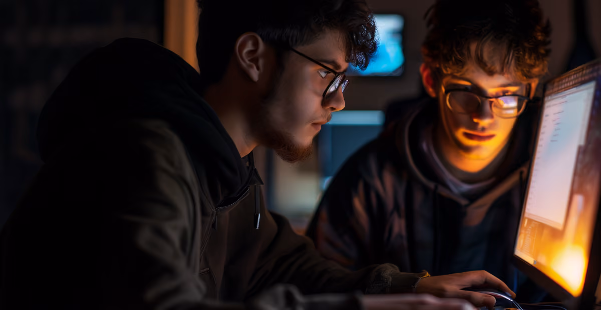 Two focused young men wearing glasses working on a computer with dim ambient lighting.