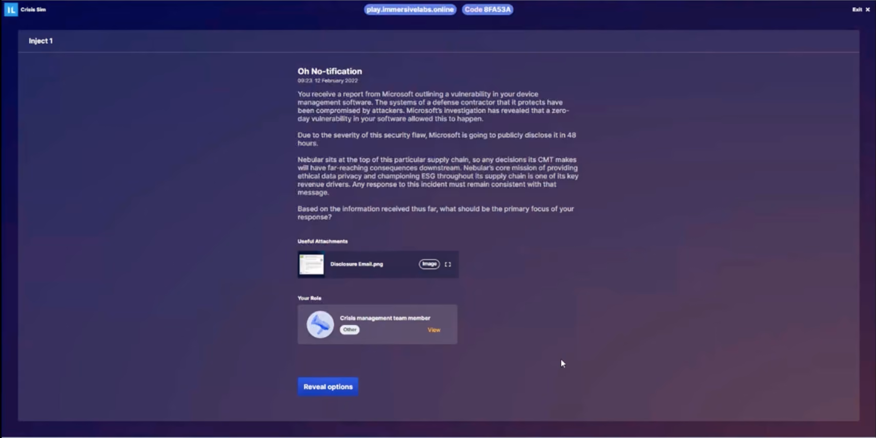 Crisis Sim interface showing a security vulnerability report from Microsoft and a crisis management role assigned.