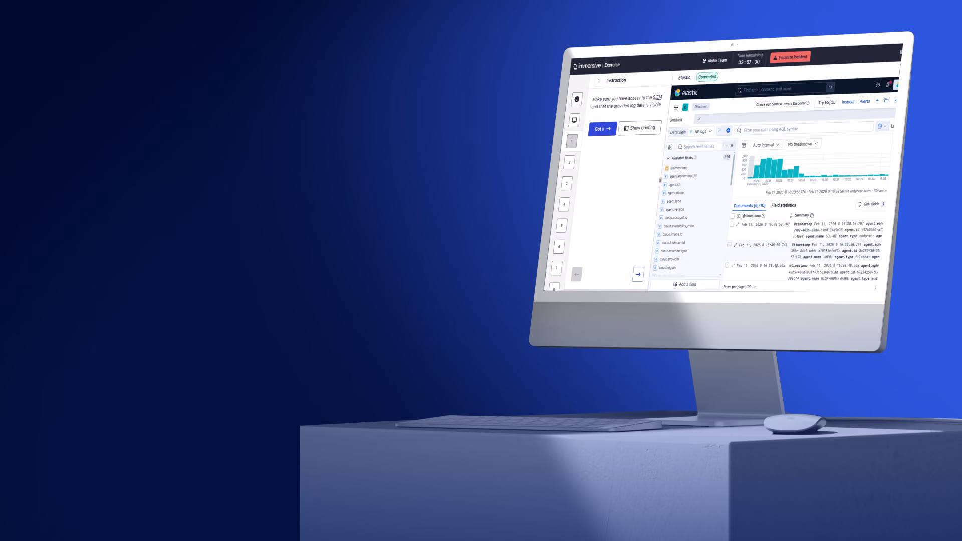 Desktop computer on a pedestal showing a technical exercise webinar interface on a blue gradient background.