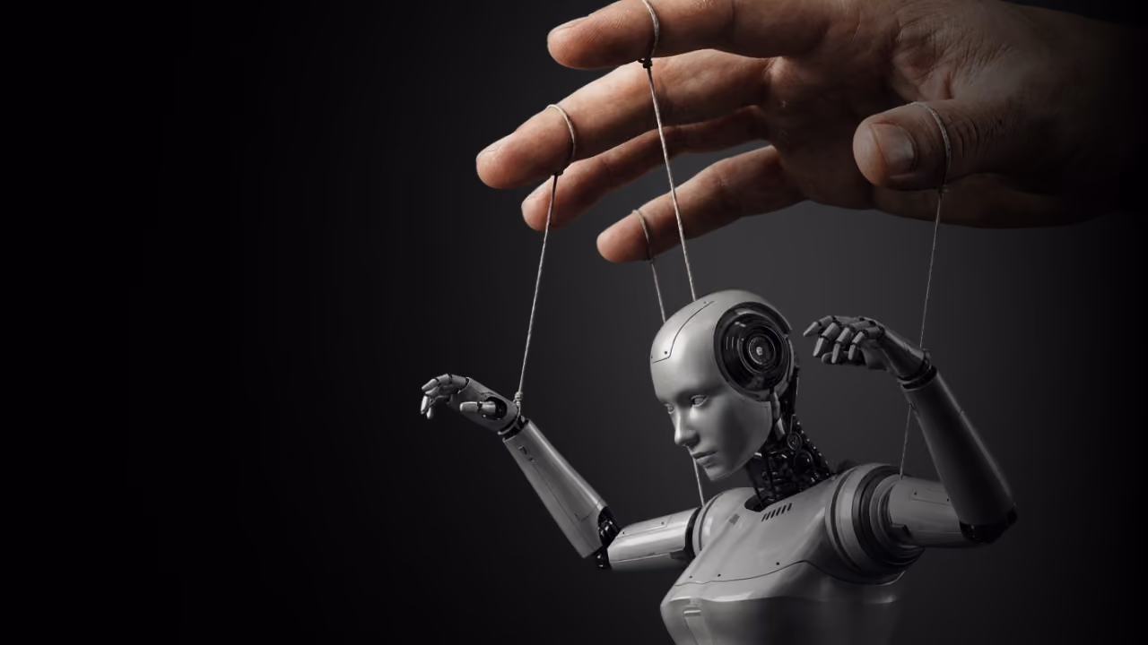 Human hand controlling a robot puppet with strings against a dark background.