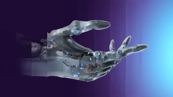 Futuristic translucent robot hand with visible circuits reaching toward a blue light on a dark gradient background.