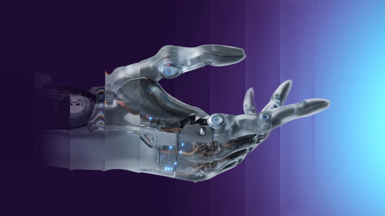 Transparent robotic hand with visible circuits reaching toward a glowing blue light on a purple gradient background.