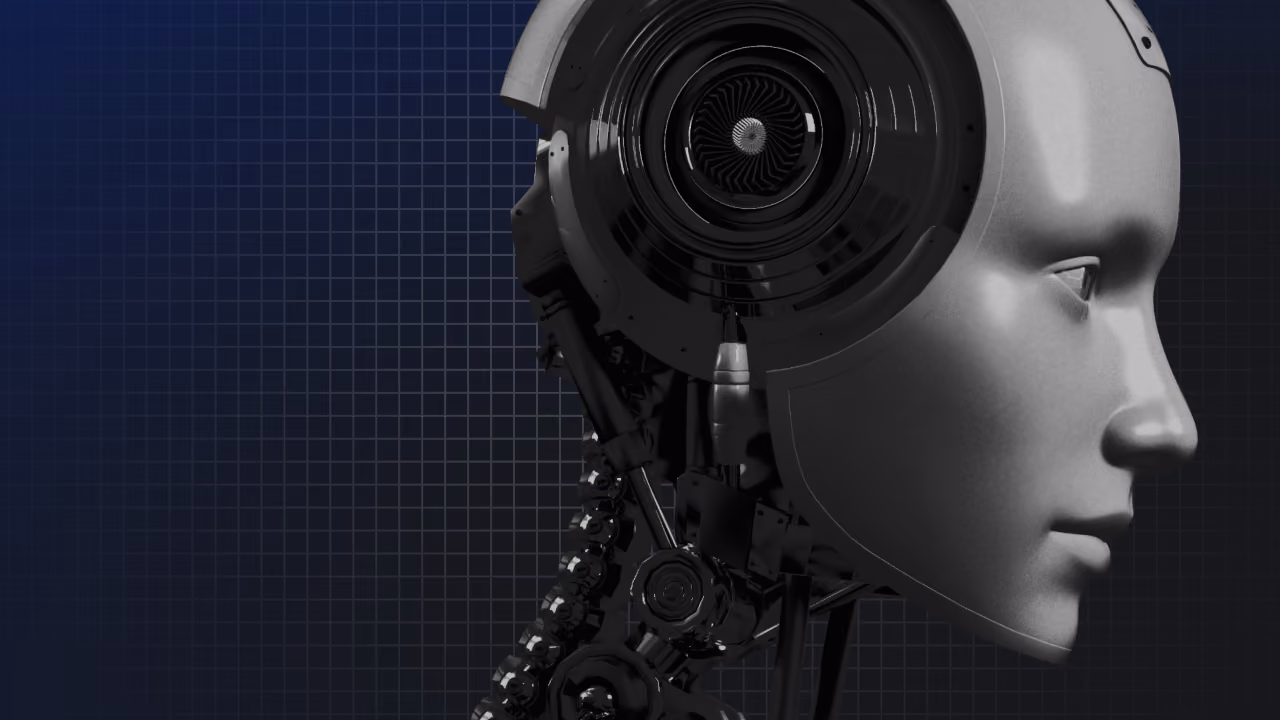 Side profile of a futuristic robot head with a metallic face and intricate mechanical neck on a grid background.