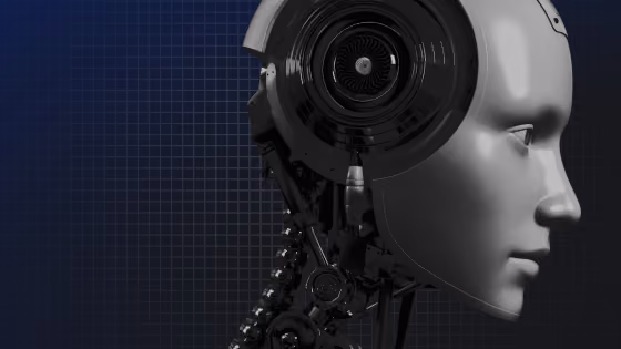Side view of a humanoid robot head with visible mechanical parts and a blue grid background.