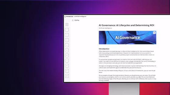 Computer screen showing a webpage titled AI Governance: AI Lifecycles and Determining ROI with text and a blue header image.