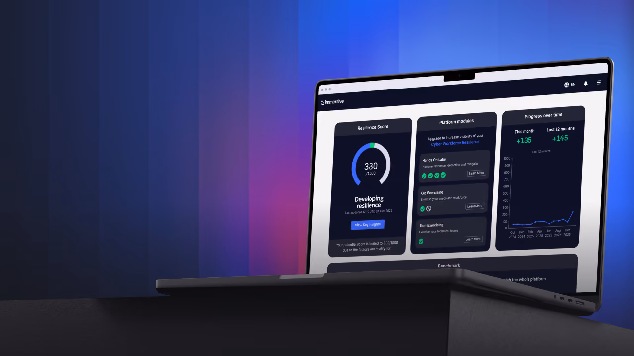 Open laptop showing a dashboard with resilience score, platform modules, and progress charts on the screen.