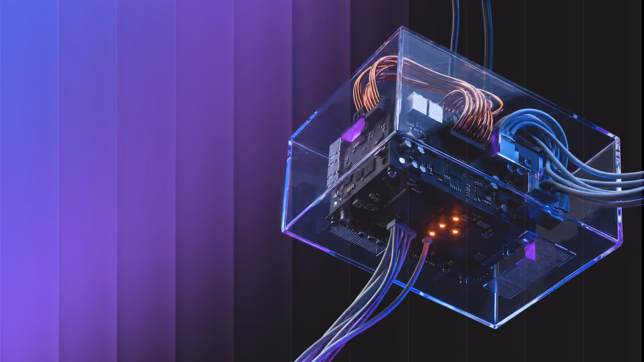 Transparent electronic device with glowing lights and connected wires against a purple to black gradient background.