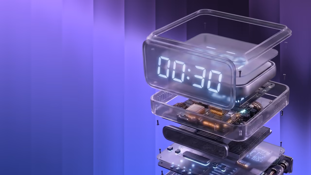 Exploded view of a digital timer showing 00:30 with transparent casing and circuit details.