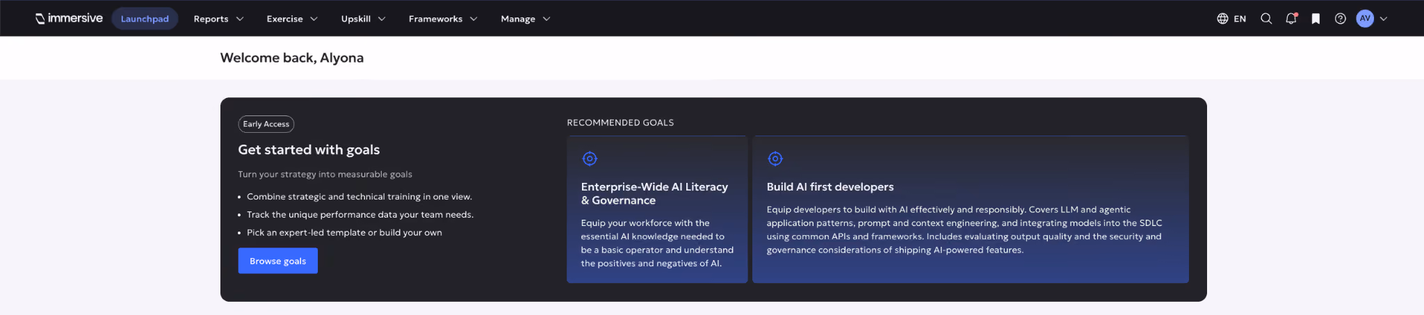 Dashboard showing goals to get started with combining training, tracking data, and expert templates.