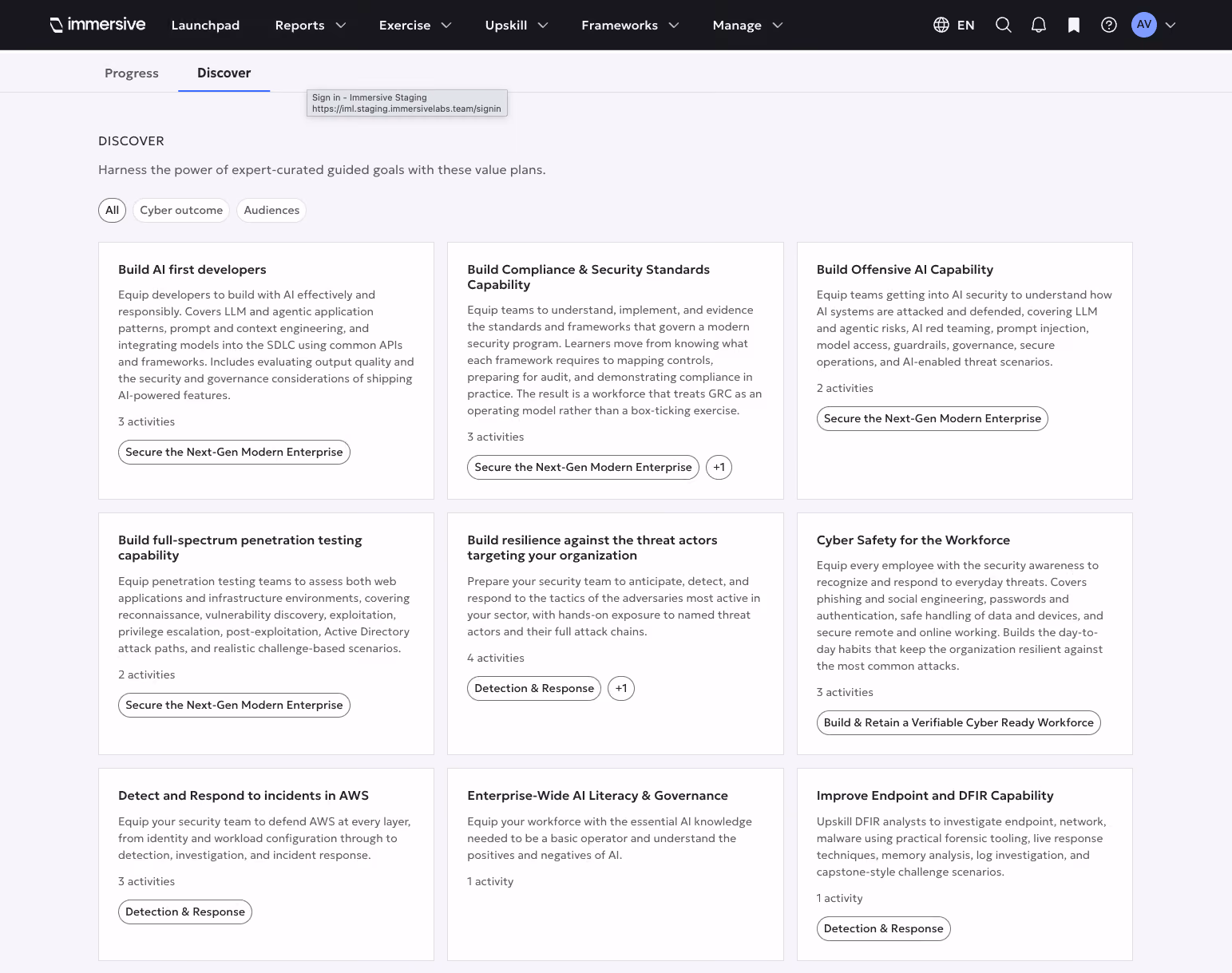 Dashboard displaying expert-curated AI and cyber security value plans with goals and activities for teams.