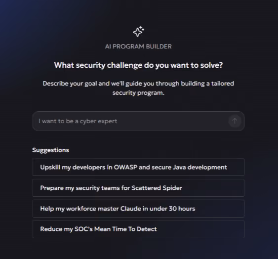 AI Program Builder interface asking what security challenge to solve with suggestions for security training goals.