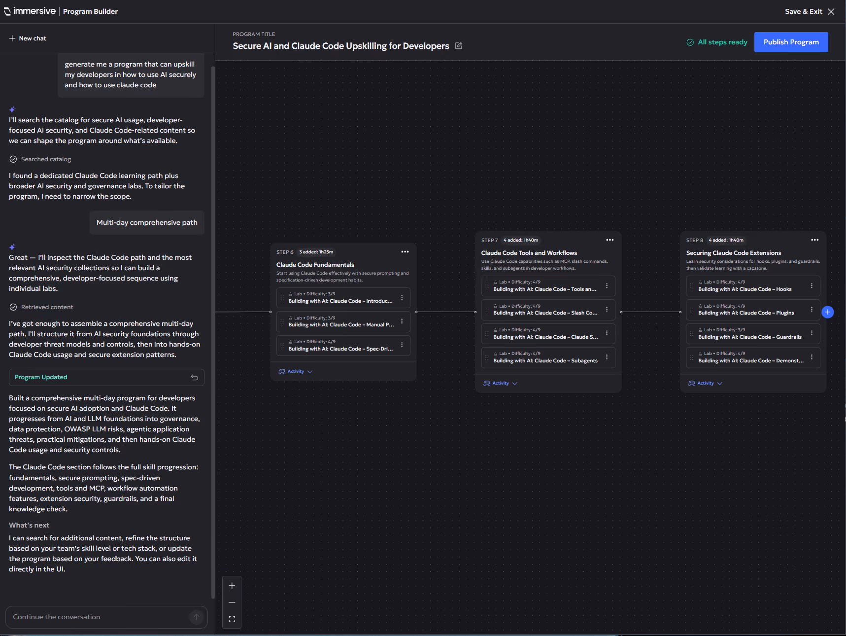 Immersive program builder UI showing a multi-day developer program on secure AI and Claude Code upskilling.