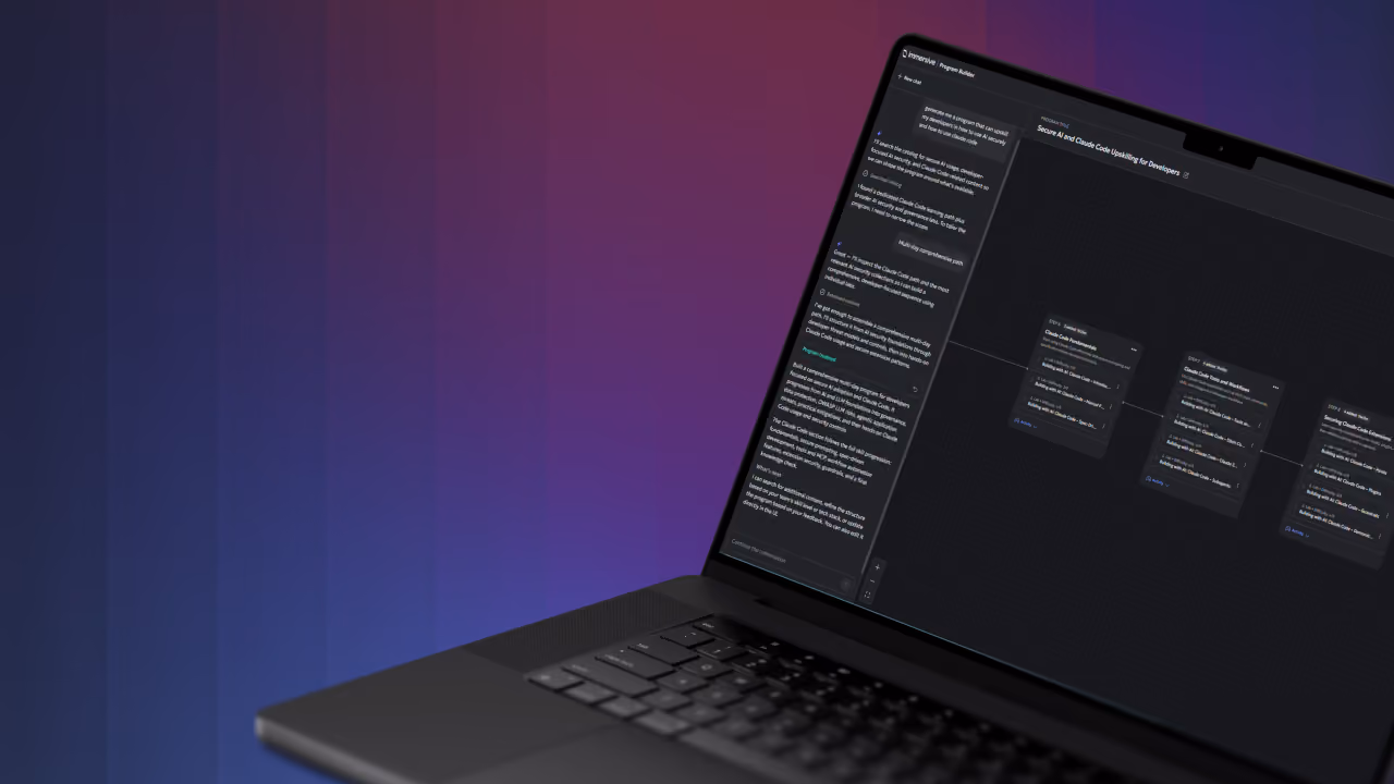 Laptop with a dark interface showing a project builder layout and text on a gradient purple background.
