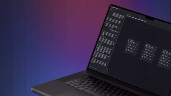 Open laptop displaying a dark-themed interface with nodes and text on a gradient blue and purple background.