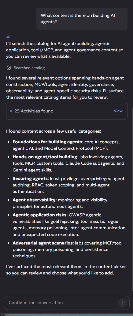 Chat showing AI agent content categories like building agents, security, observability, and adversarial scenarios.