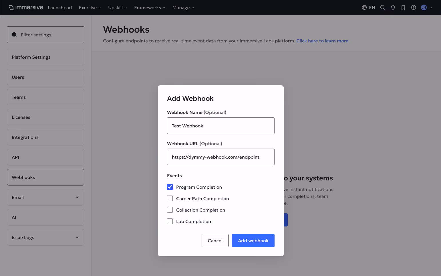 Modal titled Add Webhook with fields for name, URL, event checkboxes, and Cancel and Add webhook buttons.