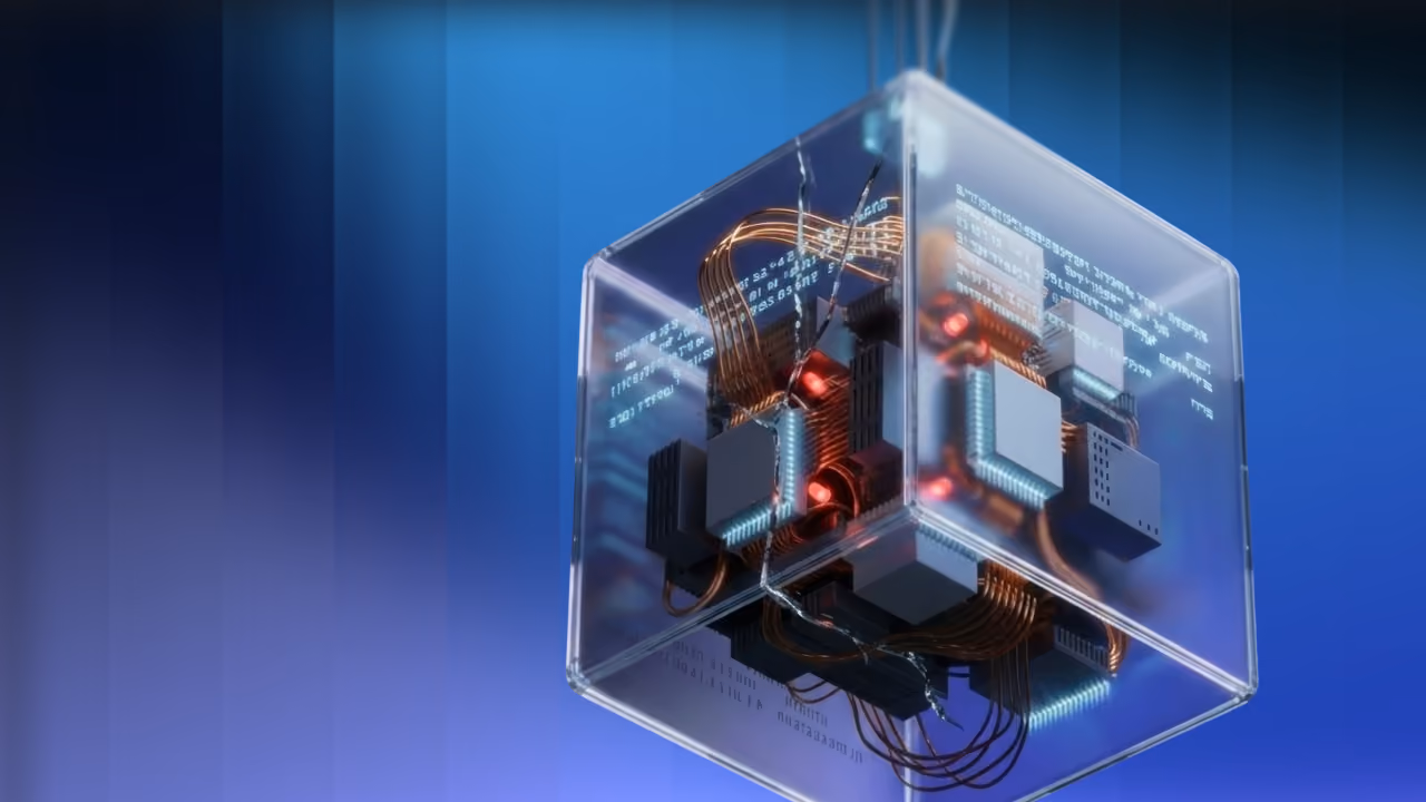 Transparent cube showcasing internal electronic circuits with glowing red lights and coded text on blue background.