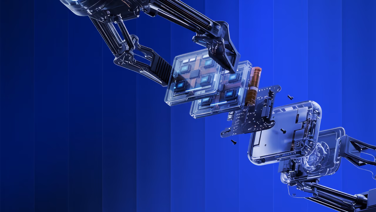 Robotic arms assembling or handling translucent electronic device parts against a blue background.