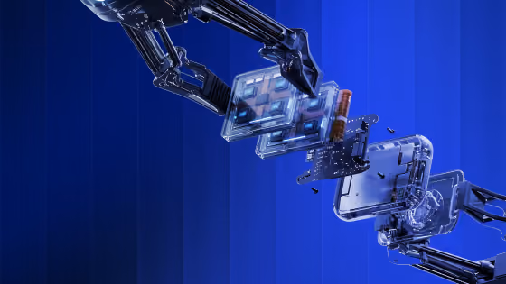 Robotic arms assembling a transparent futuristic device with circuit boards against a blue gradient background.