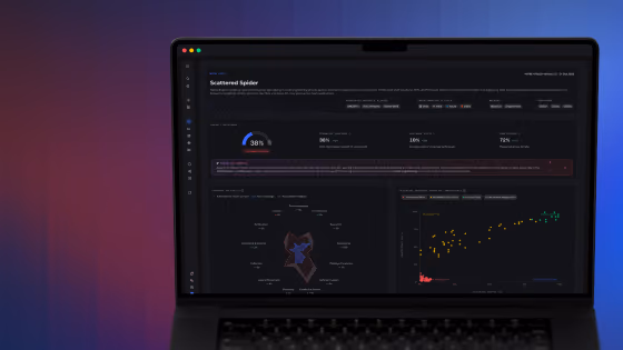 Laptop screen showing a dark-themed dashboard with data charts and a spider graph.